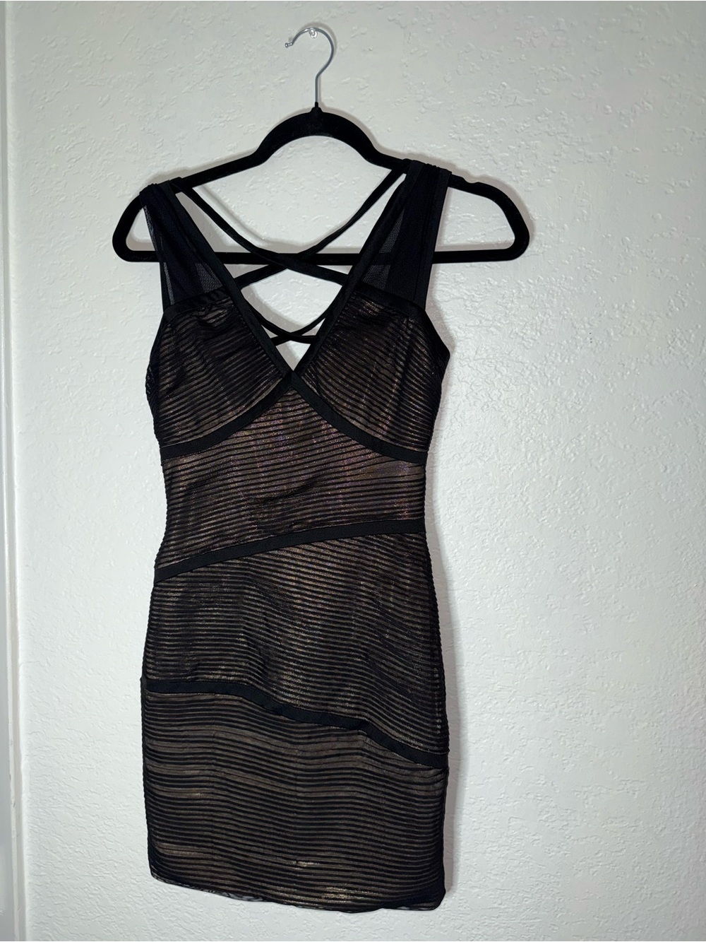 BcBG Black Strappy Sheer-Striped Bodycon Dress